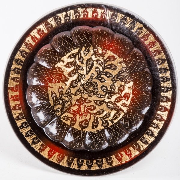 Тарелка настенная, 30 см, веточки, черно-золотая с красным (латунь)