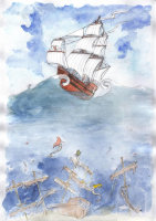 Открытка KaiArt: корабль в шторм и русалки