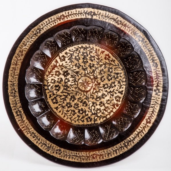 Тарелка настенная, 40 см, веточки, черно-золотая с красным (латунь)
